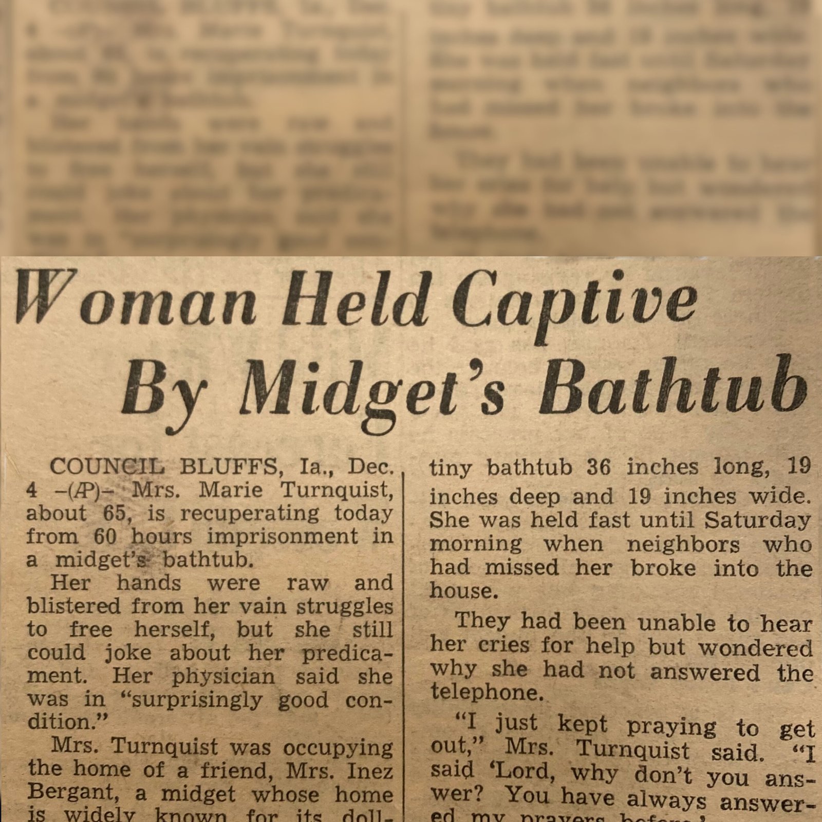 Weird Newspaper Articles: Woman held Captive in Midget's bathtub