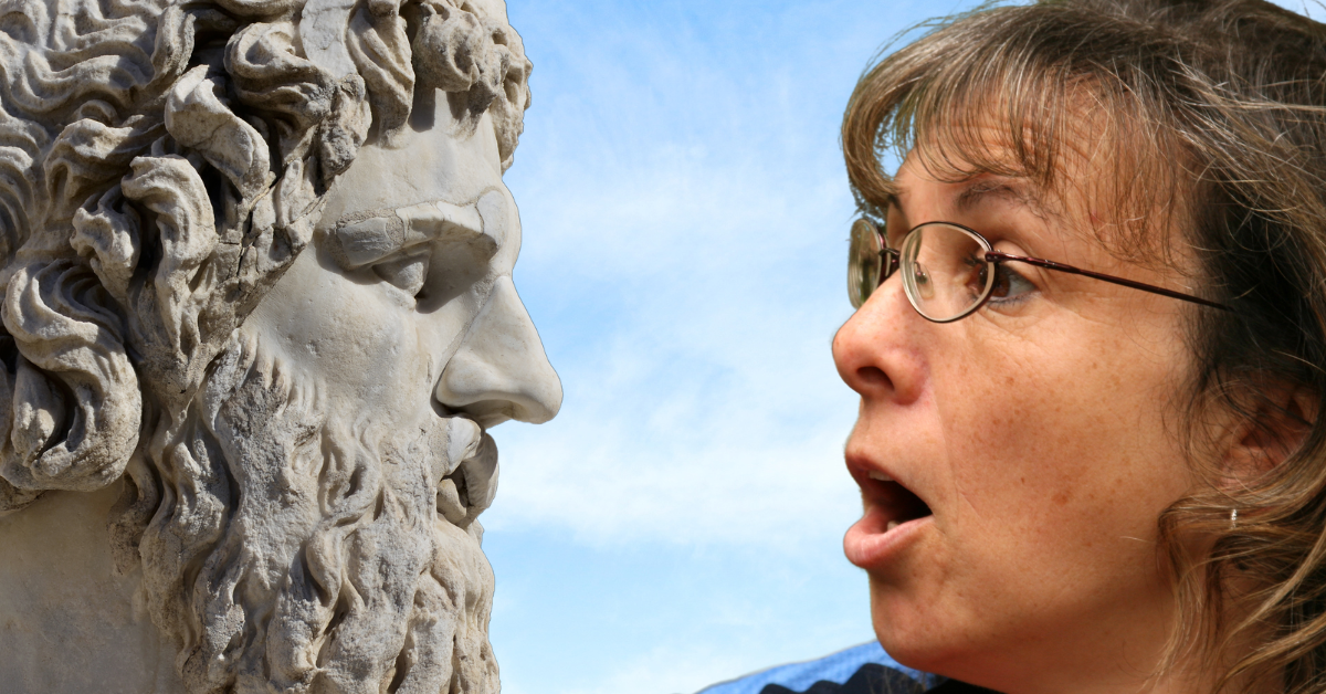 Woman listening to Ancient Greek statue