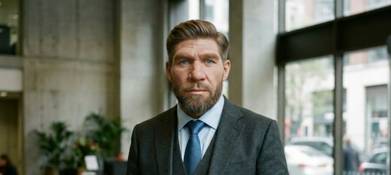 Man with beard wearing a dark suit and blue tie standing in an office lobby